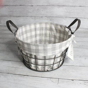 RGI Metal Wire Bushel Basket Country Farmhouse Home Decor Gray Gingham